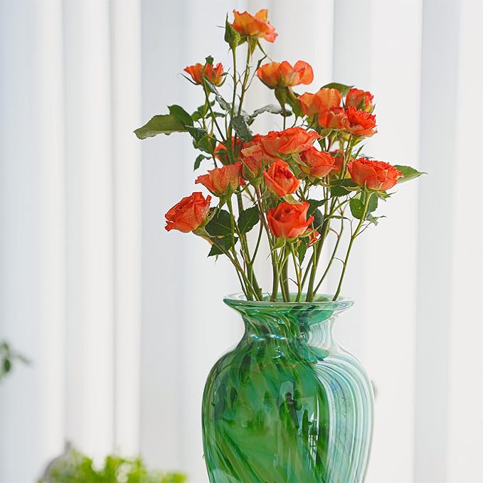 Hand Blown Green Classic Vase for Home Decor, 11.5Inch Glass Flower Vase for Shelf Decor, Living Room Decor, Centerpieces, Unique Gift for Her Mom Sister Friends