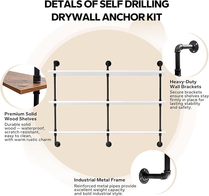 3-Tier Industrial Pipe Floating Shelf – Rustic 48 inch Wood Wall-Mounted Storage Shelf for Kitchen Office,Bathroom & Home Decor -White