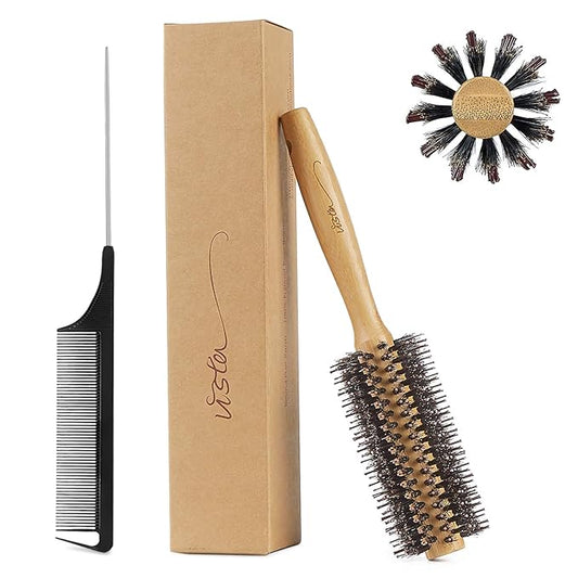 Vista Round Brush Bamboo with Pin Tail Comb Natural Boar Bristle Hair Brush Round for Blow Drying for Women Hairbrush for Wet or Dry Hair Detangling Smoothing Massaging