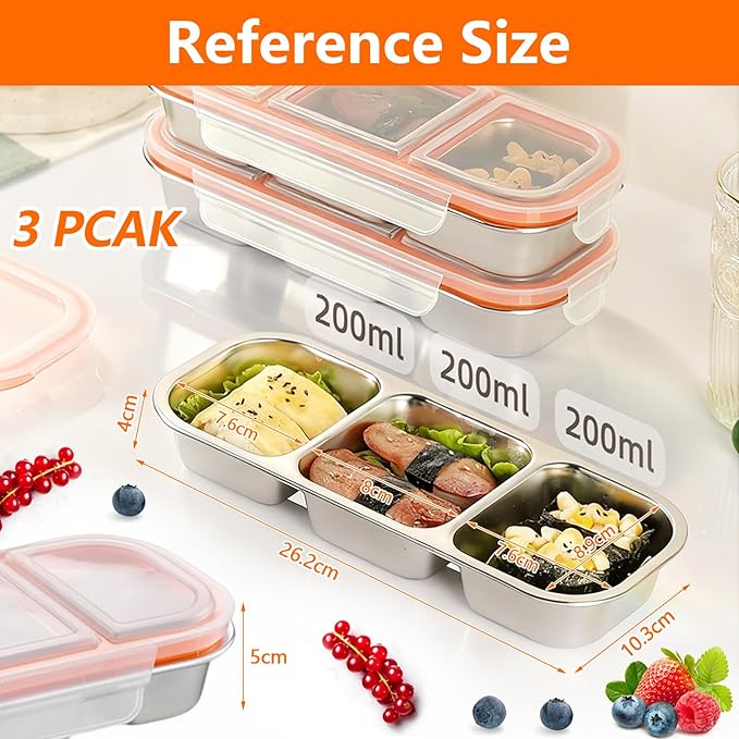 3 Pack Stainless Steel Snack Containers,3 Compartment Reusable stainless steel bento box, Leak Proof Metal Food Storage Containers,Stackable Bento Snack Box for School,Daycare,Work and Travel