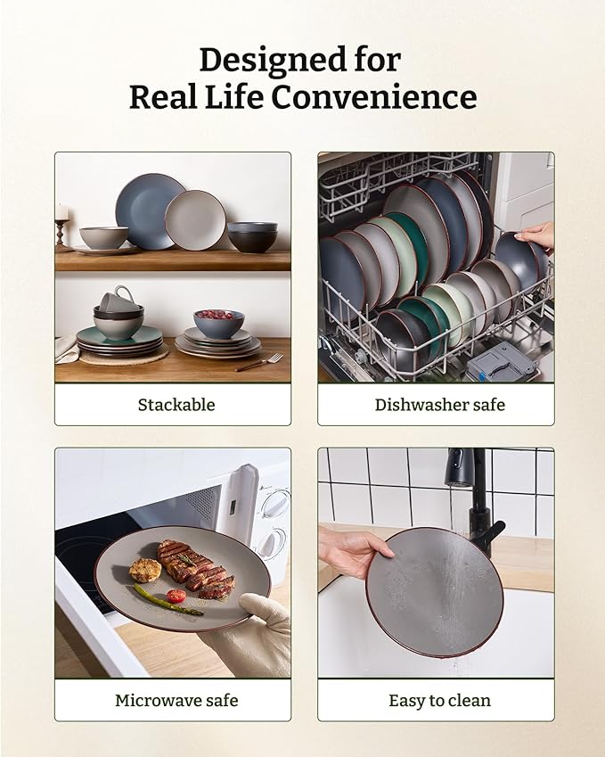 Famiware Venus Plates and Bowls Sets, 12 Pieces Stoneware Speckled Dinnerware Sets, Dishes Set for 4, Microwave and Dishwasher Safe, Matte Dark Grey