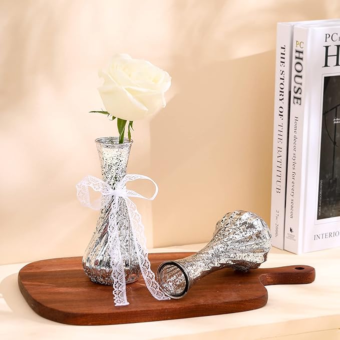 Set of 24 Glass Vase, Silver Bud Vases in Bulk Antique Style with Lace for Floral Arrangements, Events, Home Decor Weddings, Table Centerpiece