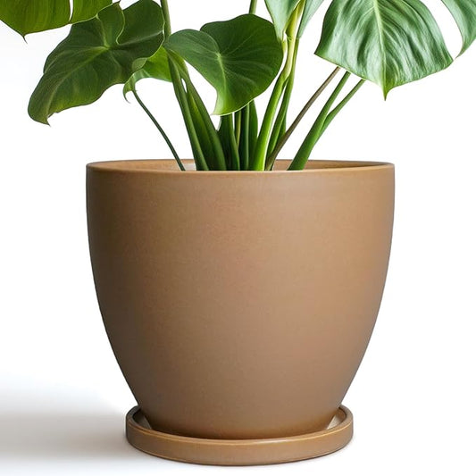 Ceramic Pots for Plants - 8 Inch Planter, Indoor Plant Pot with Drainage Hole and Saucers, Modern Flower Planter, Home Garden Patio Bathroom Porch Room Decor, Brown
