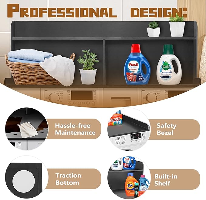 Royxen 2-Tier Washer Dryer Countertop,19.5"H Wood Washer and Dryer Topper with Storage Shelf,Laundry Countertop Over Washer Machine, Universal Fit for Laundry Room Organization (Black, 54"W X 27.5"D)