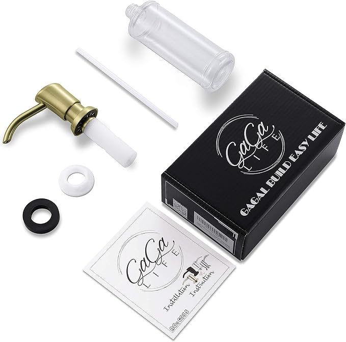 GAGALIFE Built in Sink Soap Dispenser or Lotion Dispenser for Kitchen Sink, Brushed Gold ABS Pump Head, with 17 Ounce Large PET Soap Bottle