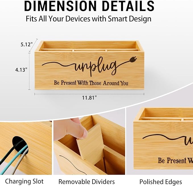 Bamboo Wood Phone Box – Unplug from Phones, Tablets, and Electronics for Study, Meetings, and Family Time, Phone Holder Organizer with Charging Holes, Farmhouse Style, Holds Up to 18 Phones-Wood