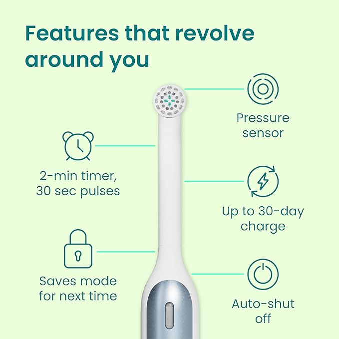 Quip Rev Oscillating Rechargeable Electric Toothbrush with Extra Brush Head - Soft Bristles, Pressure Sensor, 3 Intensities, 30-Day Battery Life, 2-Min Timer, Travel Case, Mirror Mount - Blue Mist