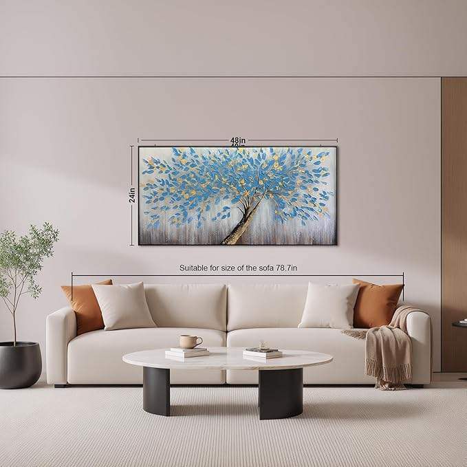 Blue Tree of Life Canvas Wall Art, Modern Abstract Textured Painting, Large Wall Art Framed Panoramic Landscape Artwork for Living Room, Bedroom, Office, Home Decor 48"x24"