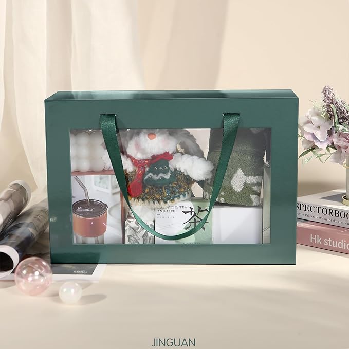 Large Green Clear Gift Boxes, 13.5x9x4.1 Inches Gift Boxes with Windows by Handles, Bridesmaid Proposal Boxes, Collapsible Gift Boxes with Magnetic Closure (Glossy Green, 5 Pack)