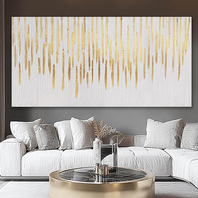 White And Gold Wall Art Abstract Pictures Hand Drawn Paintings Framed Canvas Arts 29"x58" for Living Room Office