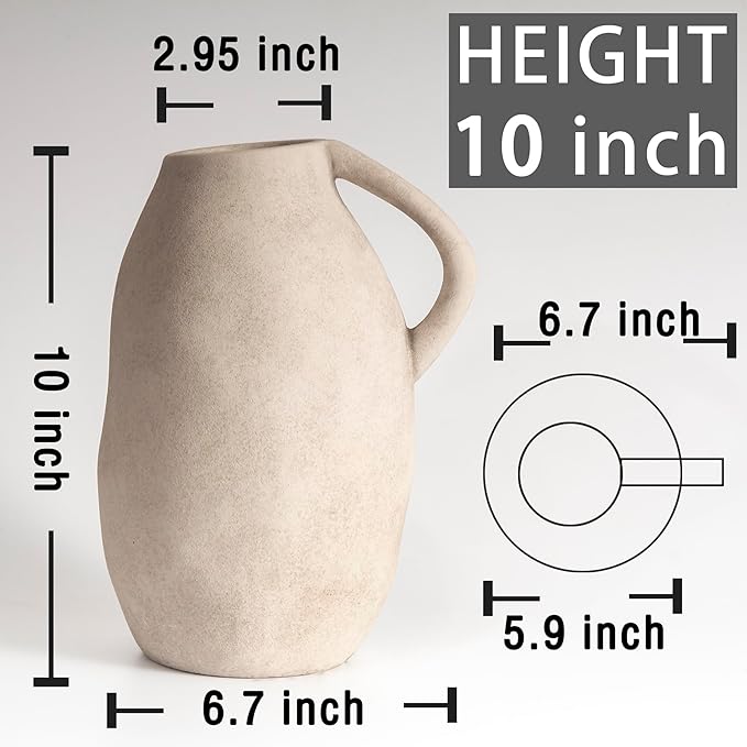 White Ceramic vase with Handle, Distressed Cement Texture, Boho Terracotta Large Pottery 10inch Tall, Rustic Farmhouse Decorative vases for Centerpieces, Unique Stoneware Jug for Flowers
