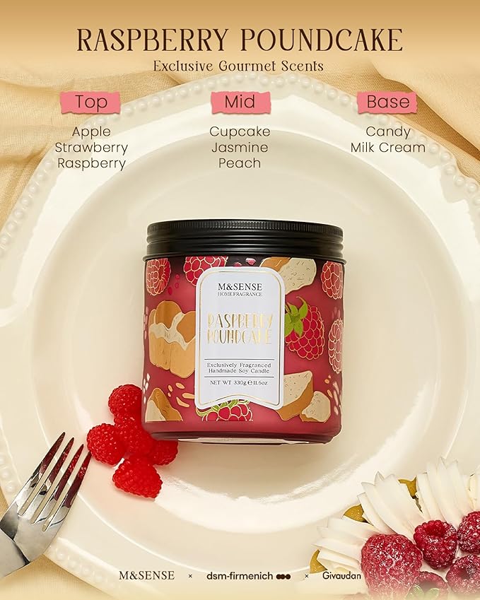 M&SENSE Raspberry Pound Cake Scented Candle 11.6oz, Natural Soy Wax Double Wick, 70H Burn Time for Bedroom Relaxing, Holiday Home Decor, Gift-Ready for Women