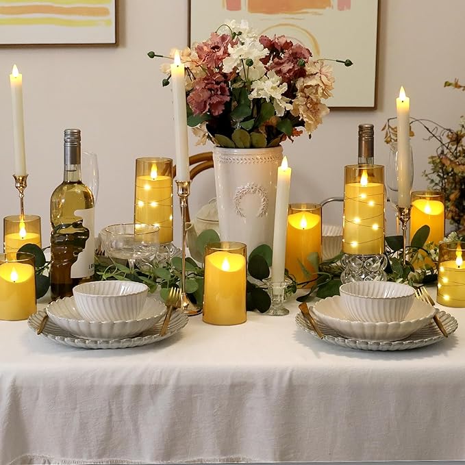 NURADA Flameless Candles: 3D Wick Battery Operated LED Pillar Candles - Acrylic Fake Candle Set for Home Decoration Romantic Ambiance - 3 Pack Gold