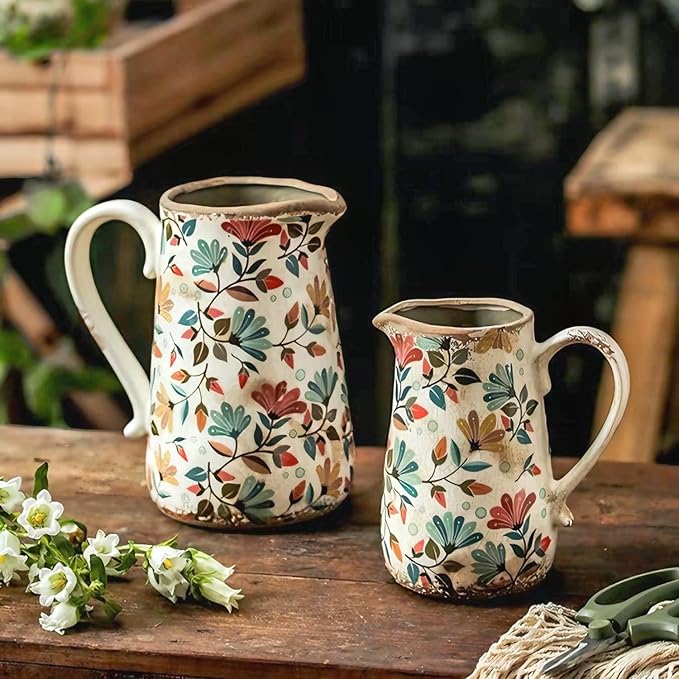 Vintage Colorful Flower Ceramic Vase with Handle, Retro Ice Glazed Crack Farmhouse Pitcher Vase for Home Decor, Living Room, Shelf, Office, Rustic Table Centerpiece 9 Inch