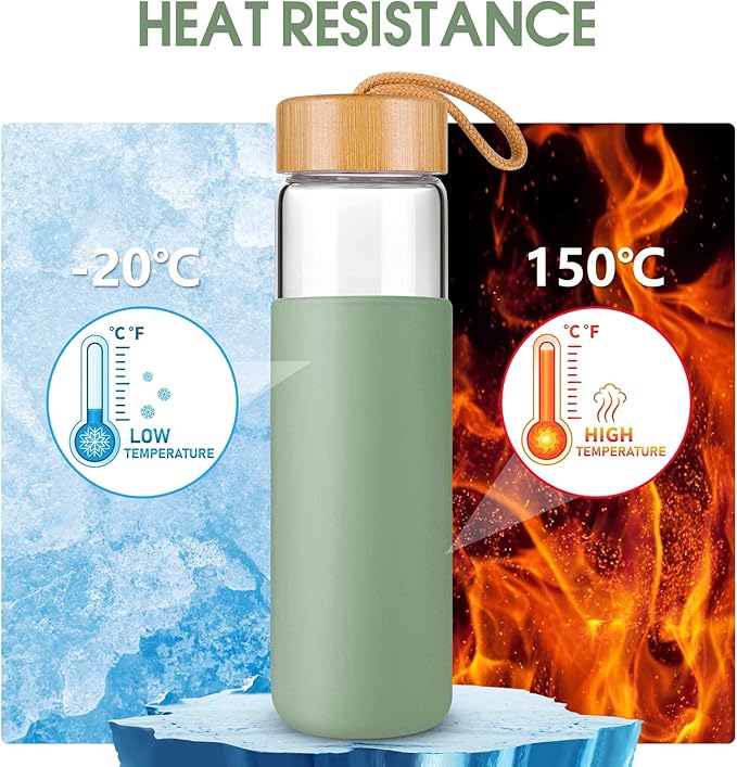 25 Oz Borosilicate Glass Water Bottles with Silicone Sleeve BPA Free, Dishwasher Safe - Reusable Clear Glass Drinking with Leak Proof Bamboo Lid | Perfect Gym Water Bottles for Men & Women