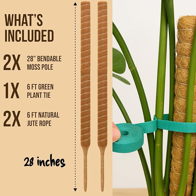 Moss Pole Monstera Plant Support – 2 Pack 28” Bendable Moss Pole Monstera Plant Support, Plant Stakes for Indoor Plants, Tall Plant Sticks Support for Climbing Plants