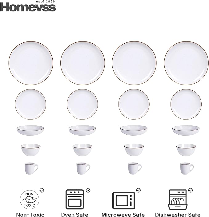 HomeVSS 20-Piece Dinnerware Set - Serves 4, Matte White plates and bowls sets with Speckle Effect for Microwave & Dishwasher Safe