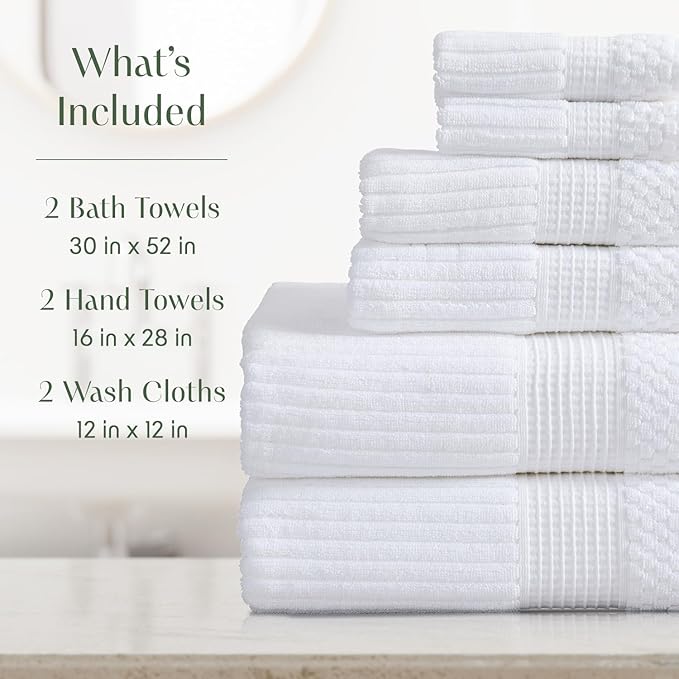 Springtree Home 100% Cotton Bath Towel Set | 6 Piece Set | Absorbent & Quick-Dry Bath Towels | Textured and Durable Cotton | Krista Collection (Bright White)