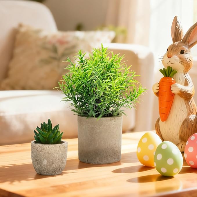 Artificial Potted Plants Faux Greenery in Cement Pots for Shelf, Bookshelf, Office or Home Decor, Small Decorative Fake Plants for Modern Indoor Display (9, XXXL)