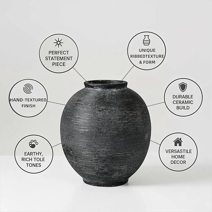 Large Black Ceramic Vase, 9.8 inch Round Minimalist Textured Flower Vase, Rustic Farmhouse Decor for Home, Living Room, Shelf, Table, Bathroom & Entryway Decoration (Black Bronze)