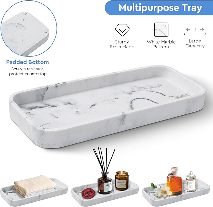 Bathroom Accessories Set,4 Pcs Blue Glass Bathroom Accessories Sets-Lotion Soap Dispenser,Toothbrush Holder,Qtip Holder Dispenser & Resin Vanity Tray,Countertop Vanity Organizer,Blue