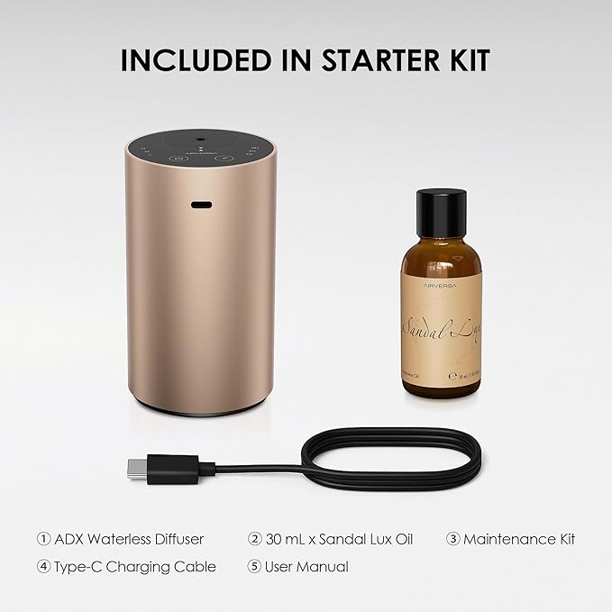 Airversa Waterless Essential Oil Diffuser Starter Kit with 30mL Sandal Lux Fragrance Oil, Battery Operated Mini Scent Air Machine Portable Diffuser for Home Car Office, Desert Titanium ADX Kit