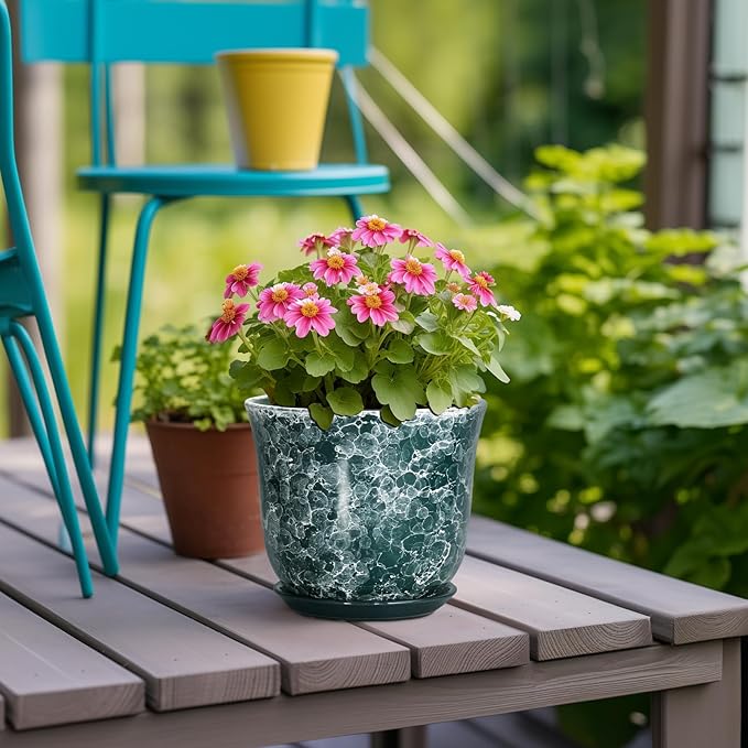 Ceramic Pots for Plants - 5.6 Inch Planter for Indoor Outdoor, Small Flower Pot with Drainage Hole and Saucer, Round Modern Succulent Planters, Home Room Desk Decor, Women Gifts, Green