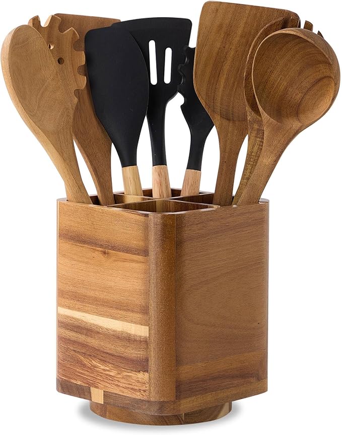 Wood Utensil Holder for Kitchen Counter, 360° Rotating Kitchen Utensil Holder, 7.2"x 6" Large Acacia Cooking Utensil Crock for Countertop (SQUARE)