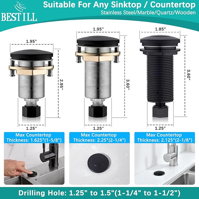 BESTILL Garbage Disposal Air Switch Kit - UL Listed, Brass 2.95" Short Sink Top On/Off Switch Button for Food Waste Disposer, Matte Black, Compatible with all Garbage Disposals