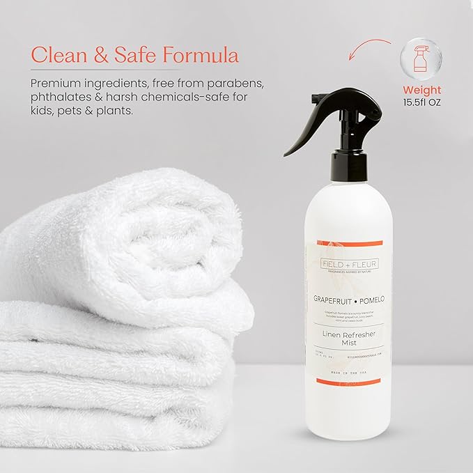 FIELD FLEUR Grapefruit Pomelo Linen & Room Spray 15.5 oz - Aromatic & Refreshing Bedding & Fabric Mist - Air Freshener for Clothes & Sofas - Notes of Grapefruit, Peach, Mint & Cassis - Made in USA