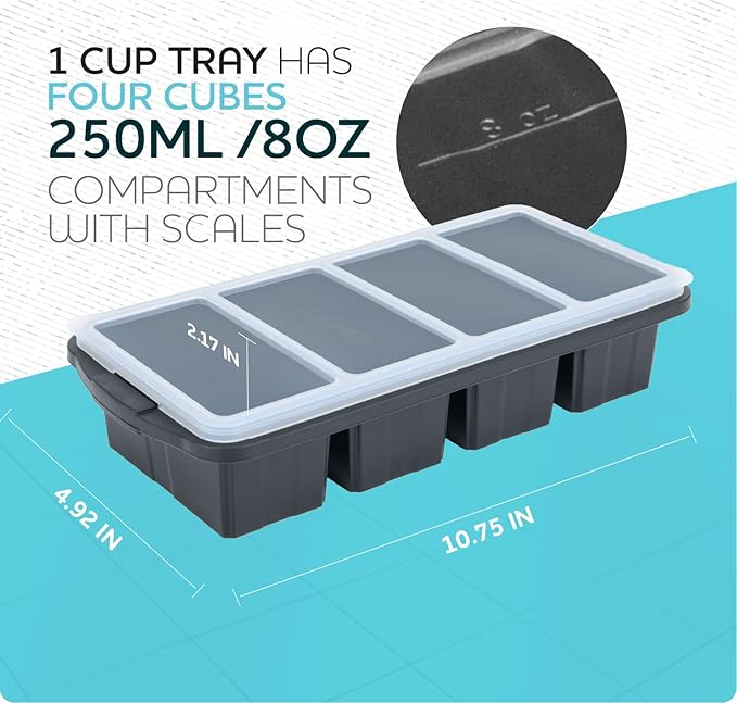 Silicone Freezer Tray With Lid - Soup Freezer Container molds - Large Ice Cube Tray- makes 8 perfect 1 cup portions cubes, 2-Pack Freezer Storage Food Soups & Meal Prep - Oven & Dishwasher -Safe