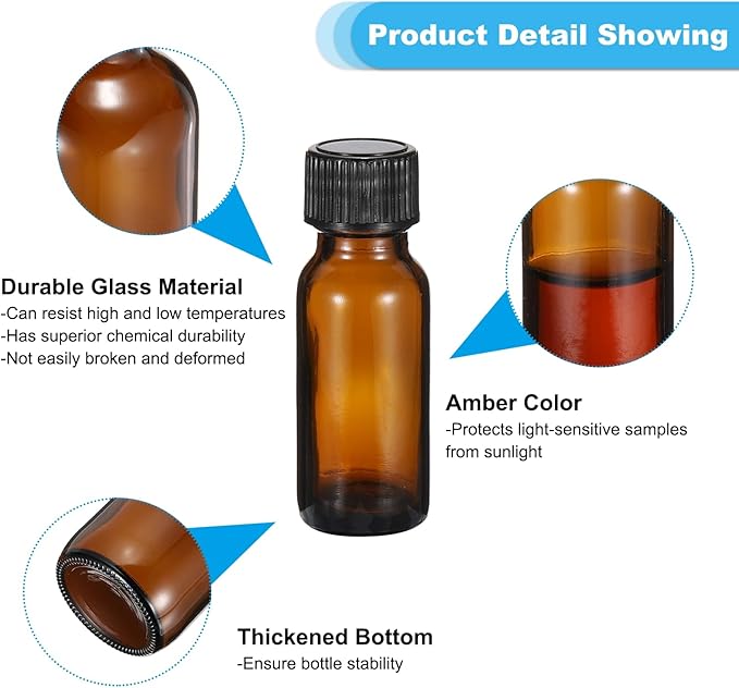 PATIKIL 0.5oz(15ml) Glass Sample Bottles, 24Pcs Round Bottle Dispensing Bottles with Black Poly Cone Cap for Reagent Liquids, Essential Oils, Perfume, Amber