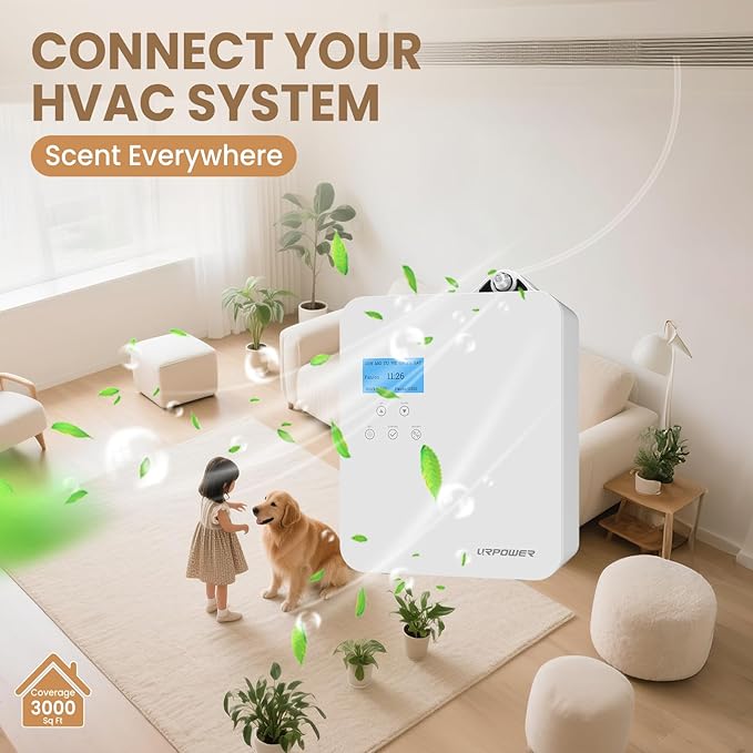 URPOWER Waterless Nebulizing Scent Diffuser 300ml Lockable Oil Bottle, Up to 3000 Sq Ft, Smart APP Control HVAC/Wall/Desktop Cold-Air Aromatherapy Machine for Home/Office/Hotel Starter Oil Included