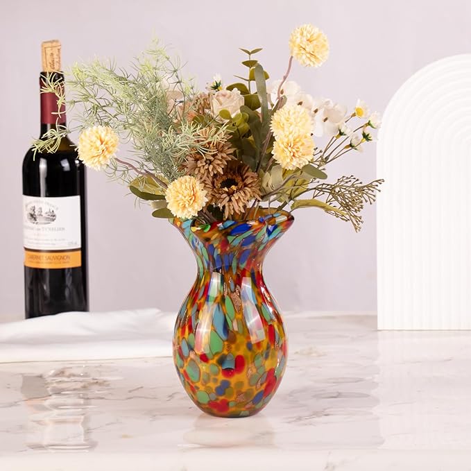 KAMMAK Colored Glass Vase, Beautiful Hand Blown Decorative Vase, Modern Art Vase for Flower Mantle Dining Table Centerpiece, Entryway Living Room Wedding Decoration, FH009