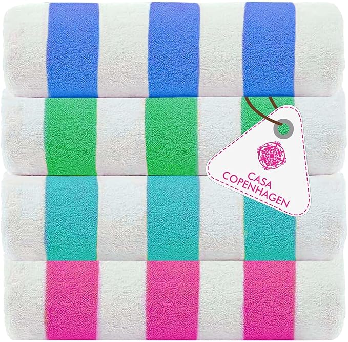 CASA COPENHAGEN Cabana Beach Towel Designed in Denmark Rough and Tough, Quick Dry, Pool, Bath & Shower 30x60 inches 4 Pieces Cotton Beach Bath Towels Set - Turquoise, Royal Blue,Pink, Green