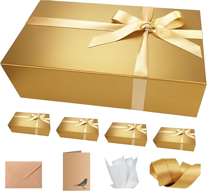 CECOBOX - Gift Boxes with Lids for Presents 13"x8.5"x4" - Matte, Collapsible Magnetic Closure Gift Box - Groomsmen & Bridesmaid Proposal Boxes, Wedding, PR, Birthdays, Holidays (Gold)