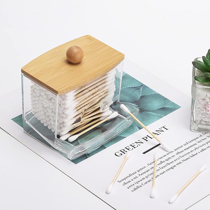 Tbestmax 10oz Qtip Holder Dispenser with Bamboo Lids, Big Clear Bathroom Organizer Accessories Decor for Storage-Qtips Cotton Ball Holder Apothecary Jars, Cotton Swabs, Floss Container