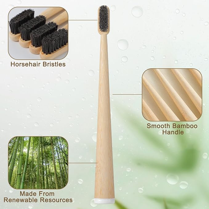 6 Pcs Horse Bristle Bamboo Toothbrush Soft Natural Bristle Bamboo Toothbrush (No Nylon, Horse Hair Only) Totally Compostable Biodegradable Zero Waste Plastic Free(Horsehair,Tail Spine)