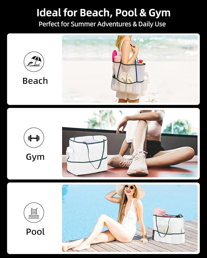 Mesh Beach Tote Bag Packable,2025 New 2-in-1 Large Lightweight Foldable Beach Bags with Multiple Pockets for Women