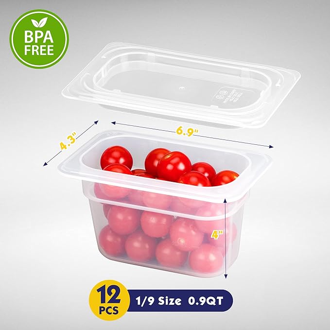 12 Pack 1/9 Size 4'' Deep Plastic Food Pans with Lids, Translucent, Commercial, BPA-free, Stackable Storage for Restaurants, Buffets