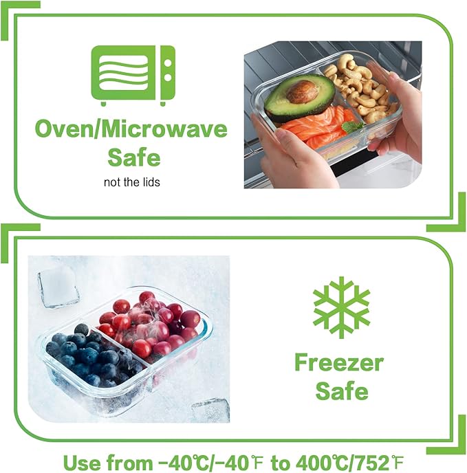 HOMBERKING 10 Pack 24oz Glass Meal Prep Containers 2 Compartment, Food Storage Containers with Lids, Airtight Lunch Bento Boxes (10 lids & 10 Containers) - White