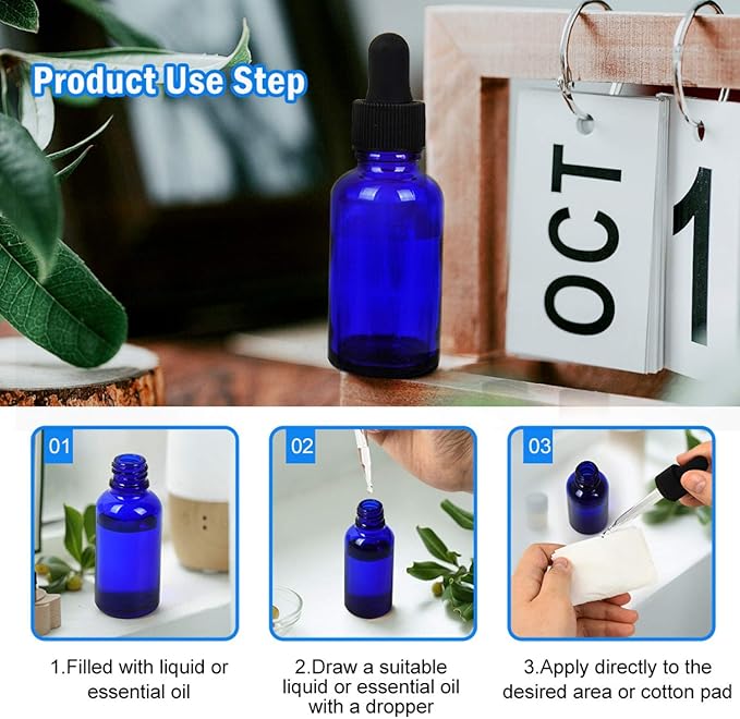 June Fox Glass Dropper Bottle,99 Pack 1oz Blue Glass Bottles with Droppers and Black cap for Essential Oils, Lab Chemicals, Perfumes