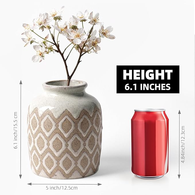 Boho Ceramic Vase, 6 Inch Rustic Farmhouse Pastoral Decor, Vintage Clay Vases for Bouquets, Pampas Grass and Fake Plants, Suitable for Home Decor, Shelf, Dining Table, Living Room, Mantle, Bathroom