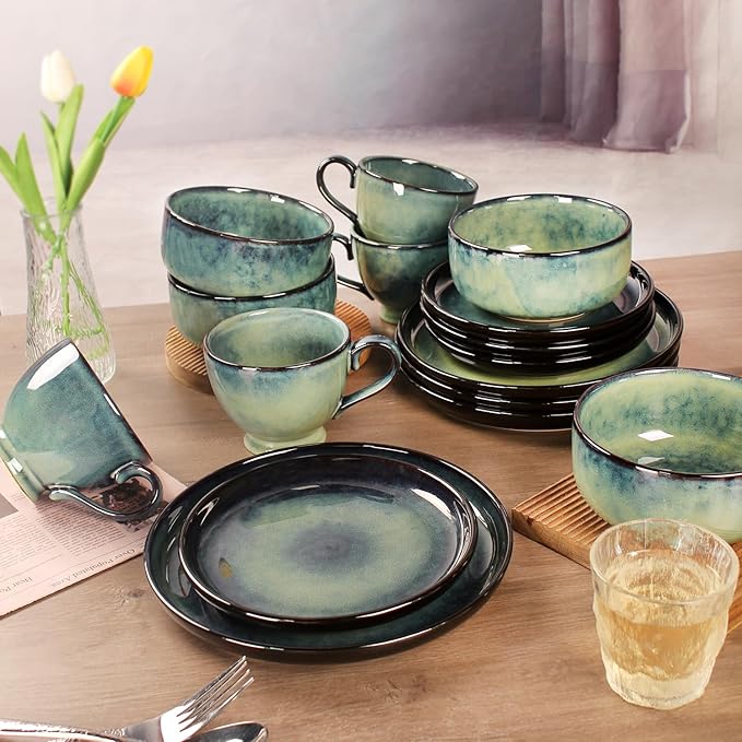 Ceramic Dinnerware (16 pcs) Serve 4 people, Plates and Bowls Sets,Handmade Reactive Glaze Dishes Set,Chip Resistant and Scratch Resistant,Dishwasher, Microwave Safe