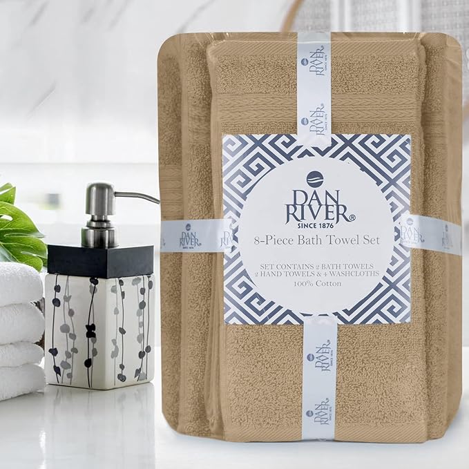 DAN RIVER 8 PC Luxury Bath Towels for Bathroom, 2 Bath, 2 Hand, and 4 Wash Cloths, 600 GSM 100% Ring Spun Cotton Towel Set, Highly Absorbent, Gym, Hotel, and Spa, Tan