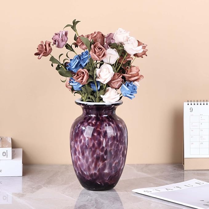 9" Purple Hand Blown Glass Vase – Murano Style Art Glass Sculpture, Stained Colorful Flower Vase for Table Centerpieces, Lavender Glass Decor for Entryway, Bookshelf, Office or Bathroom (Purple)