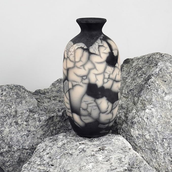 RAAQUU Koban 7 inch Raku Ceramic Clay Pottery Vase - Smoked Raku Raku Pottery with Water Tube Gifts for her mom, Boho, Wedding Gift, Home Decor