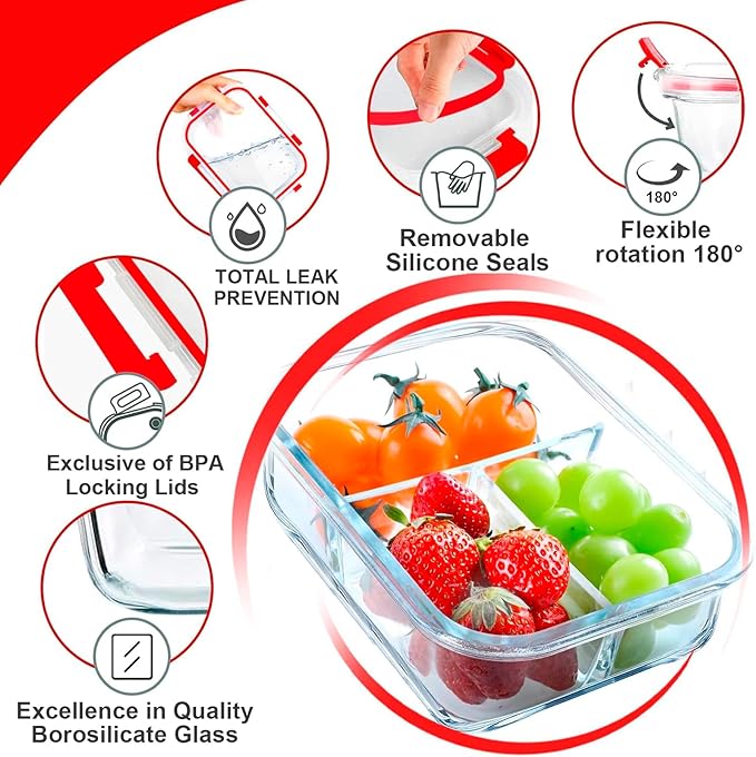 VERONES 5 Pack Glass Meal Prep Containers 3 Compartment Set, 36OZ Airtight Glass Lunch Containers, Glass Food Storage Containers with Lids, for Microwave, Oven, Freezer & Dishwasher Friendly,Red