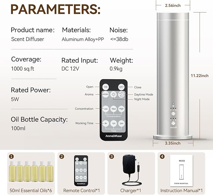Oil Diffuser for Home Wired Waterless Essential Oil Diffuser Cold Air Scent Diffuser Covers 2000sq.ft,Remote Control,APP Control,6x50ml Fragrance Included,Silver