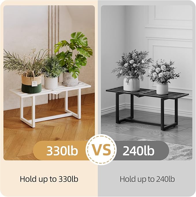2 Pack Metal Plant Stand Indoor, Outdoor Iron Plant Shelf, Heavy Duty Slatted Display Shelf for Patio Balcony Garden Living Room Load Bearing 330 LB 26" L x 10.4" H x 8.6" W 1 Tier White